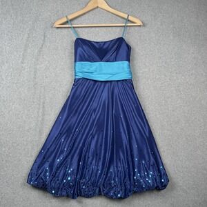VTG Jump Apparel Dress Juniors 3/4 Blue Sequin A Line Bubble Hem HOCO Y2K Fairy